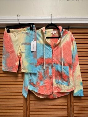 NWT Rose Velvet Pastel Tie Dye 2-Piece Lounge Set Zip Up Hoodie Loungewear